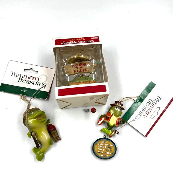 Fishing Christmas Tree Ornaments Sportsman Hunter "Born To Fish" 3 Piece Lot NEW - Picture 1 of 7